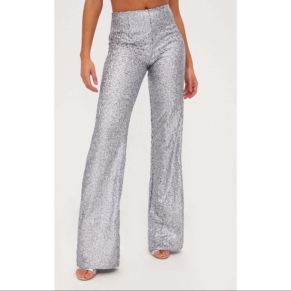 Silver sequin wide leg trousers